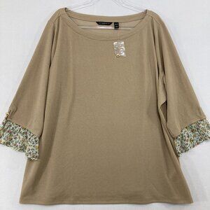 Isaac Mizrahi Top size 3X Tan Cream Floral Sleeve Stretch Knit Elegant Preppy